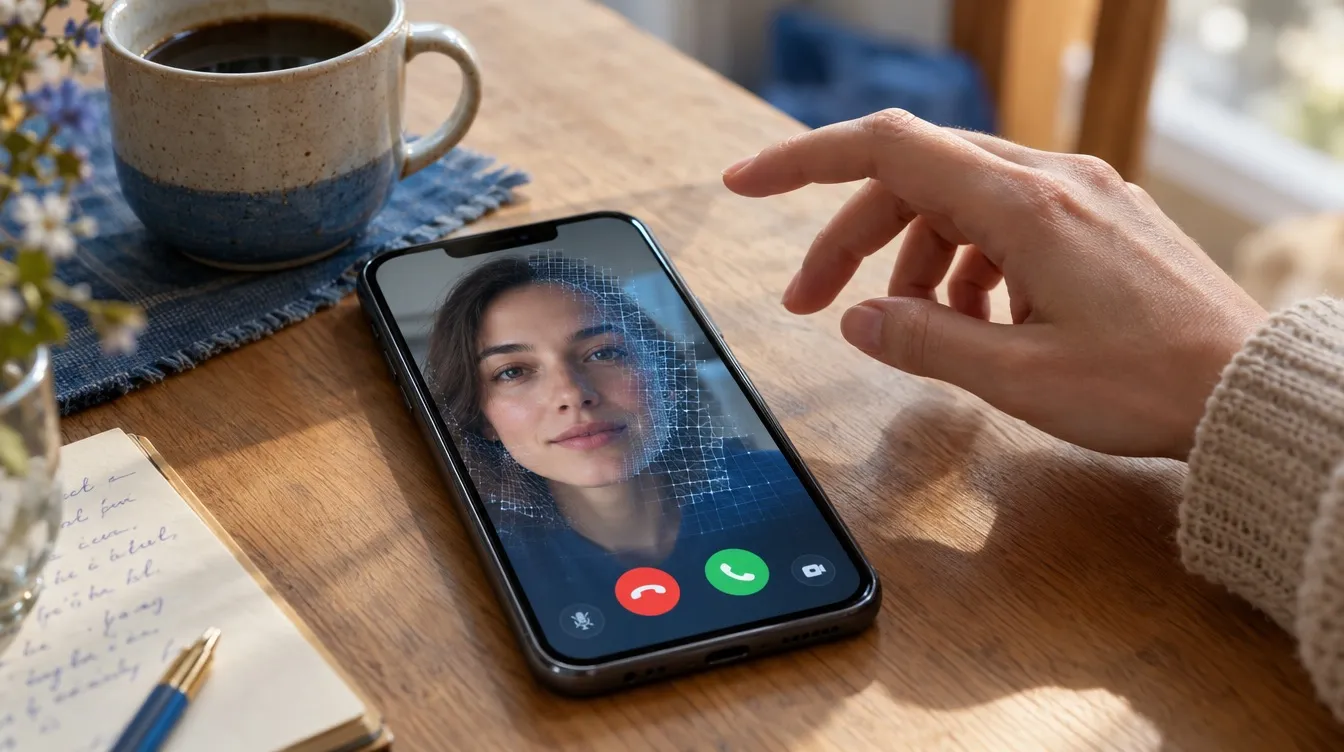 Ein Smartphone auf dem Küchentisch zeigt einen eingehenden Videoanruf; das Gesicht löst sich an den Rändern in ein Raster auf, eine Hand zögert über dem Gerät.