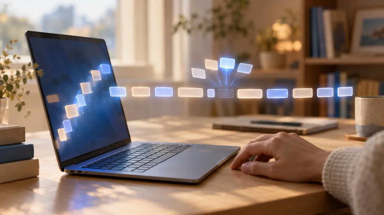 Aus einem Laptop steigen leuchtende, leere Wort-Kacheln auf und reihen sich zu einer Zeile; über der nächsten Lücke schweben mehrere Alternativen zur Auswahl.