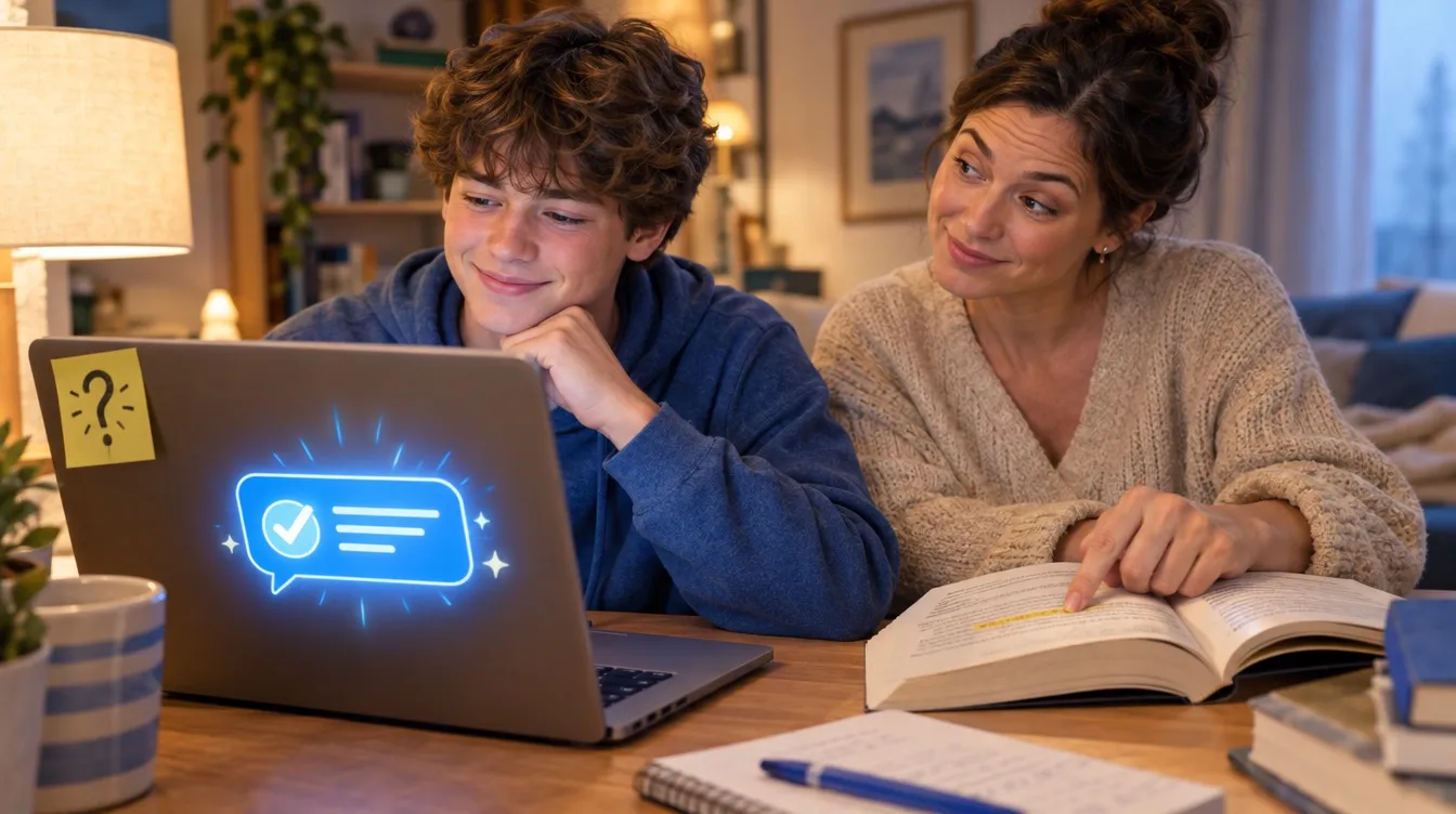 Ein Jugendlicher macht Hausaufgaben am Laptop mit einer selbstsicheren Antwortblase; seine Mutter zeigt schmunzelnd auf eine Stelle im aufgeschlagenen Buch, auf dem Laptop klebt ein Zettel mit Fragezeichen.