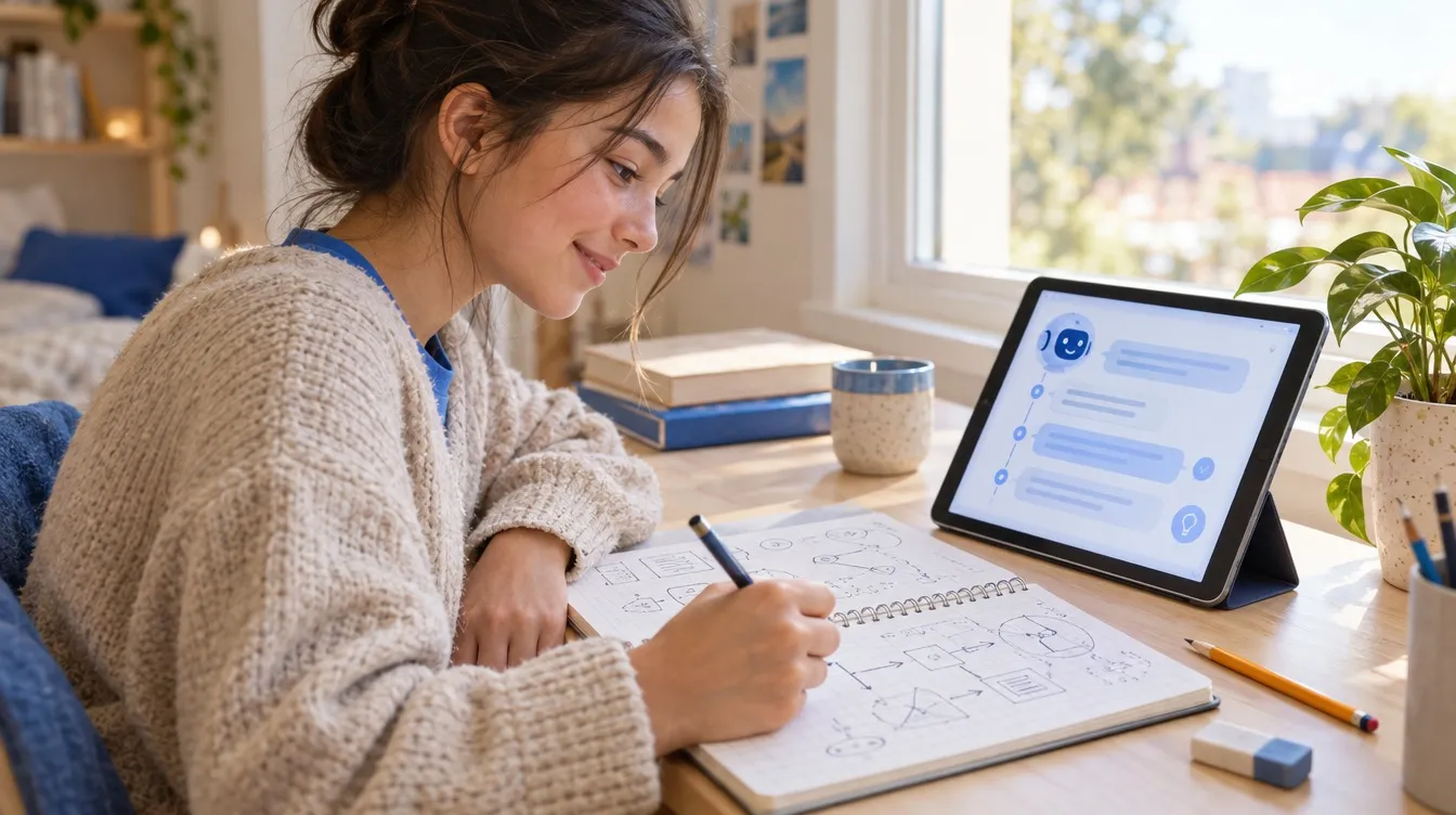 Eine Jugendliche lernt am Schreibtisch: Auf dem Tablet stehen schrittweise Hinweise, die Lösung arbeitet sie selbst mit Skizzen im Heft aus.