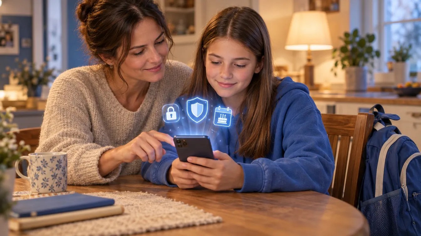 Mutter und Tochter richten am Küchentisch gemeinsam ein Smartphone ein; darüber schweben leuchtende Symbole für Schloss, Schild und Kalender – Alter, Regeln und Datenschutz.