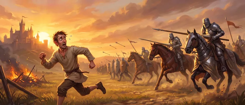 Cover-Art von Never Knight: Ein Bauer flieht übers Schlachtfeld vor heranstürmenden Rittern, im Hintergrund eine Burg im Sonnenuntergang.