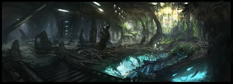 Digitales Environment-Painting „Grand Hall“: eine überwucherte, verfallene Halle mit leuchtend türkisem Wasser.