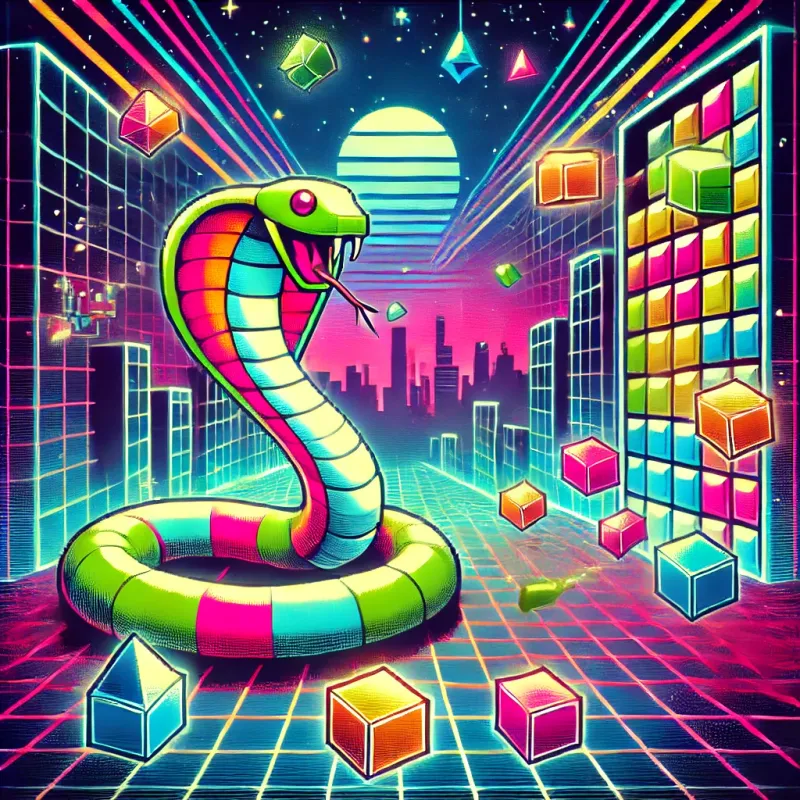 Cover-Art von SnakeTris Adventure: eine neonfarbene Schlange vor fallenden Tetris-Blöcken in einer Synthwave-Stadt.